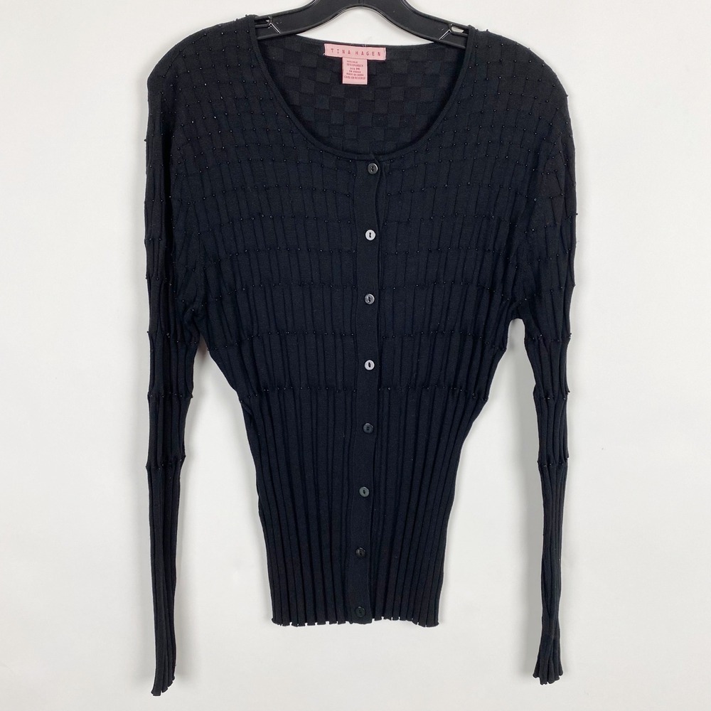 Tina Hagen Beaded Silk Blend Ribbed Knit Button Front Cardigan Womens M Black